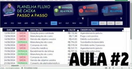 Planilha Fluxo de Caixa no Excel  – Aula 02